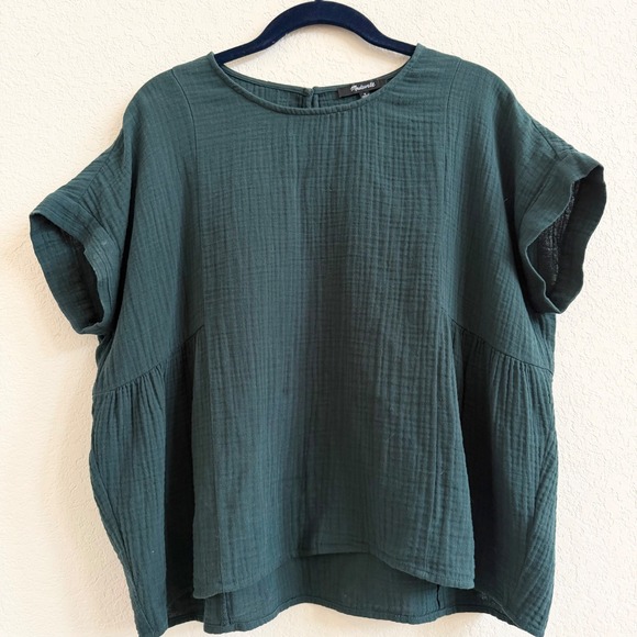 Madewell Tops - Madewell Lightspun Cuffed-Sleeve Shirred Top Green Cotton Gauzy Boxy Blouse